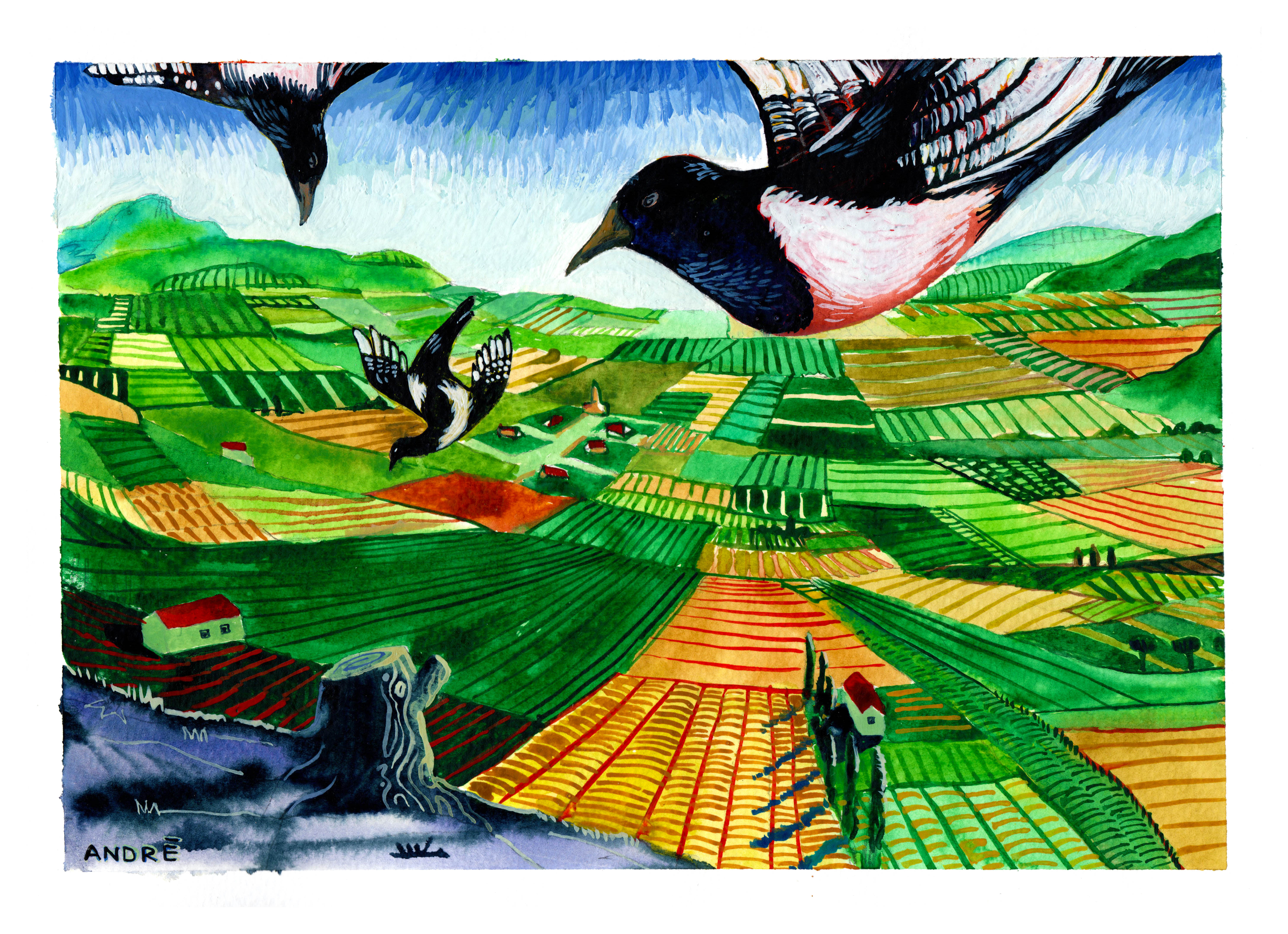 André Gábor painting – Three Magpies, oil on canvas